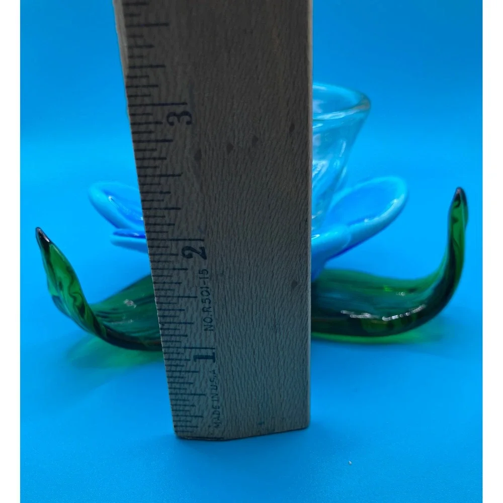 Art Glass Flower Votive Holder Blue Green Hand Blown Floral Decor